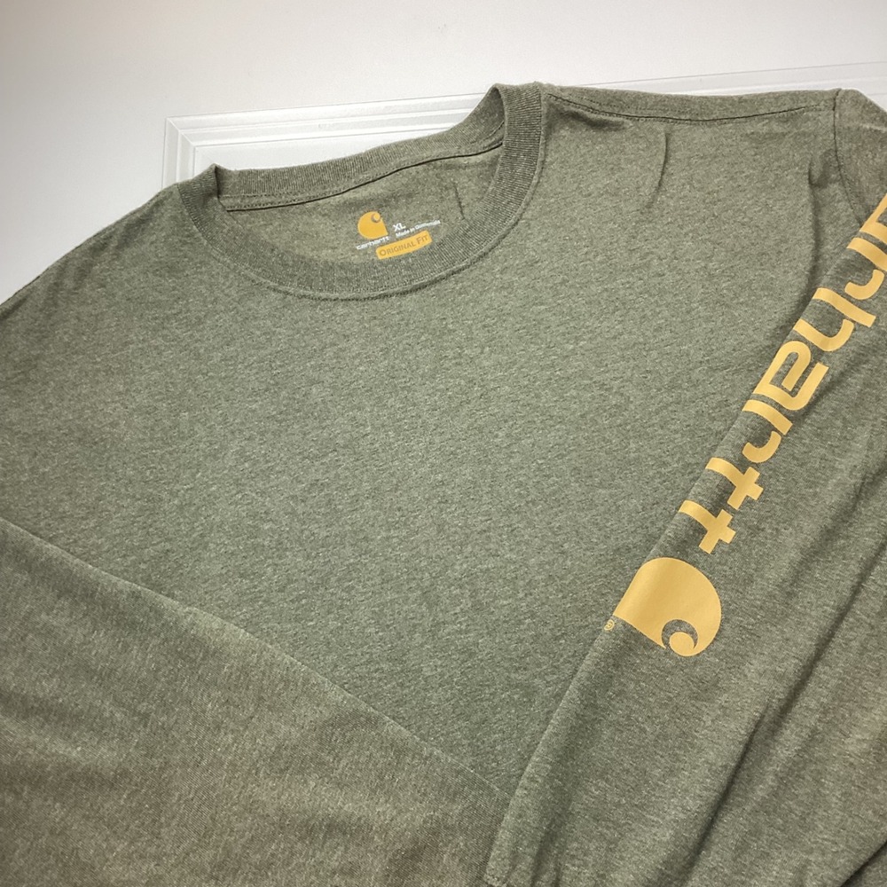 Carhartt Mens XL Long Sleeve Logo T-Shirt Heather Olive Green Original Fit